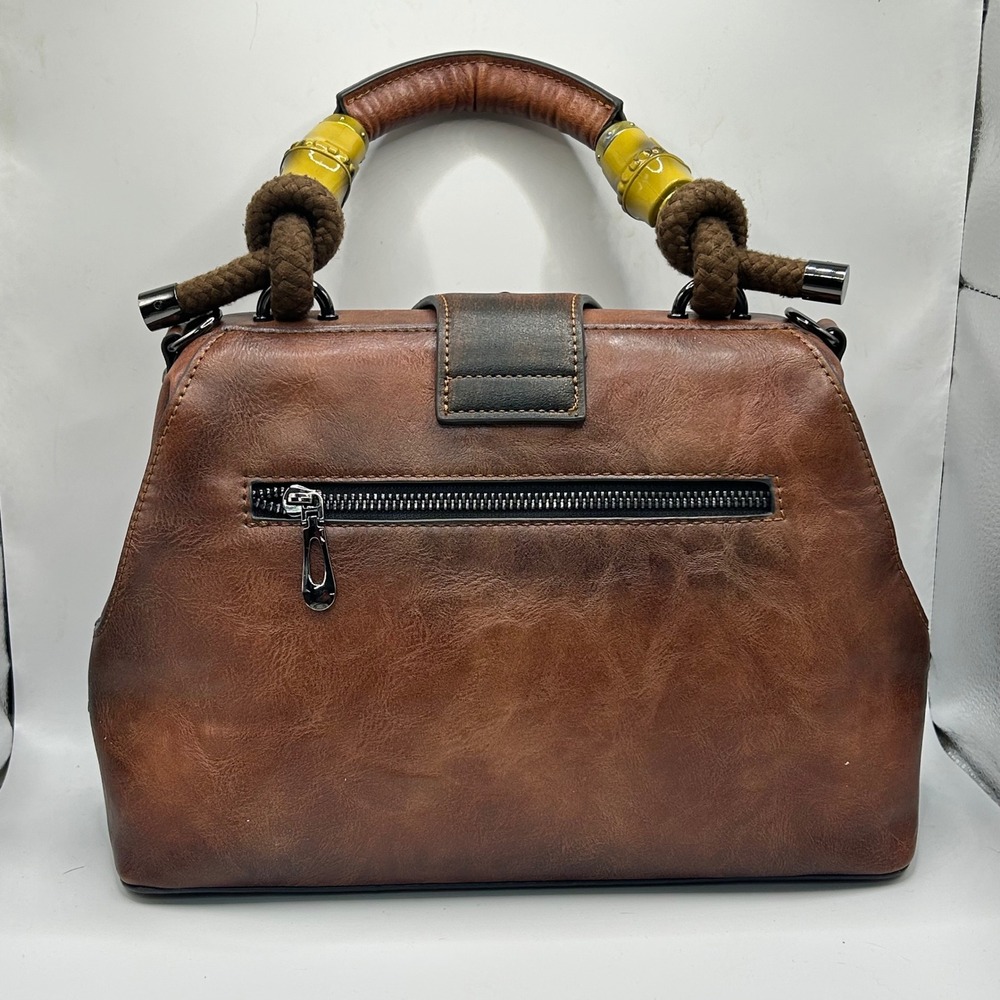 Floral Embossed Brown Faux Leather Doctor Bag Satchel Bamboo Handle Western Boho - Picture 2 of 9